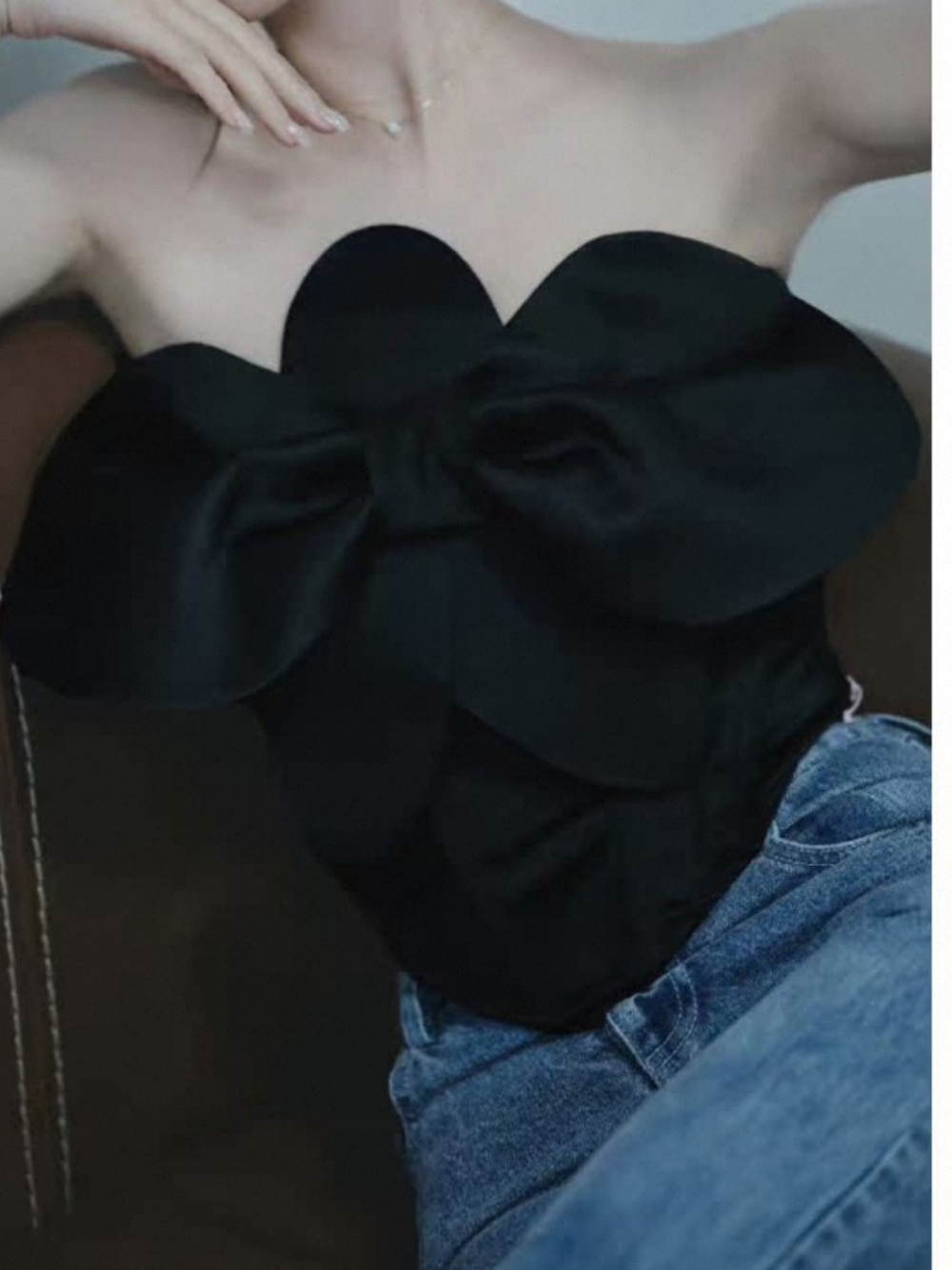 Strapless Black Sculpted Bow Bustier Top